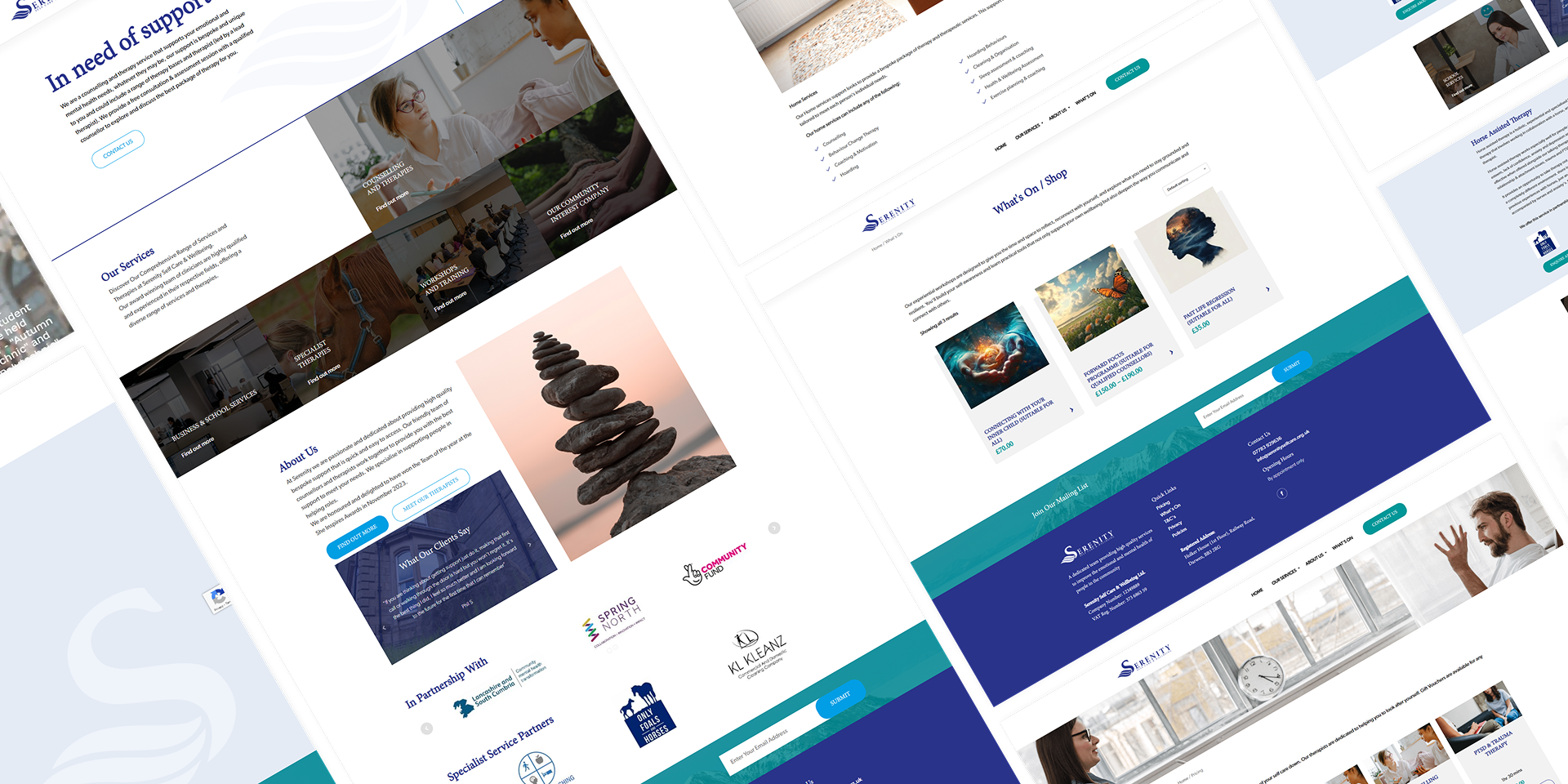 Screenshots of Serenity Self Care & Wellbeing website showing various sections and features