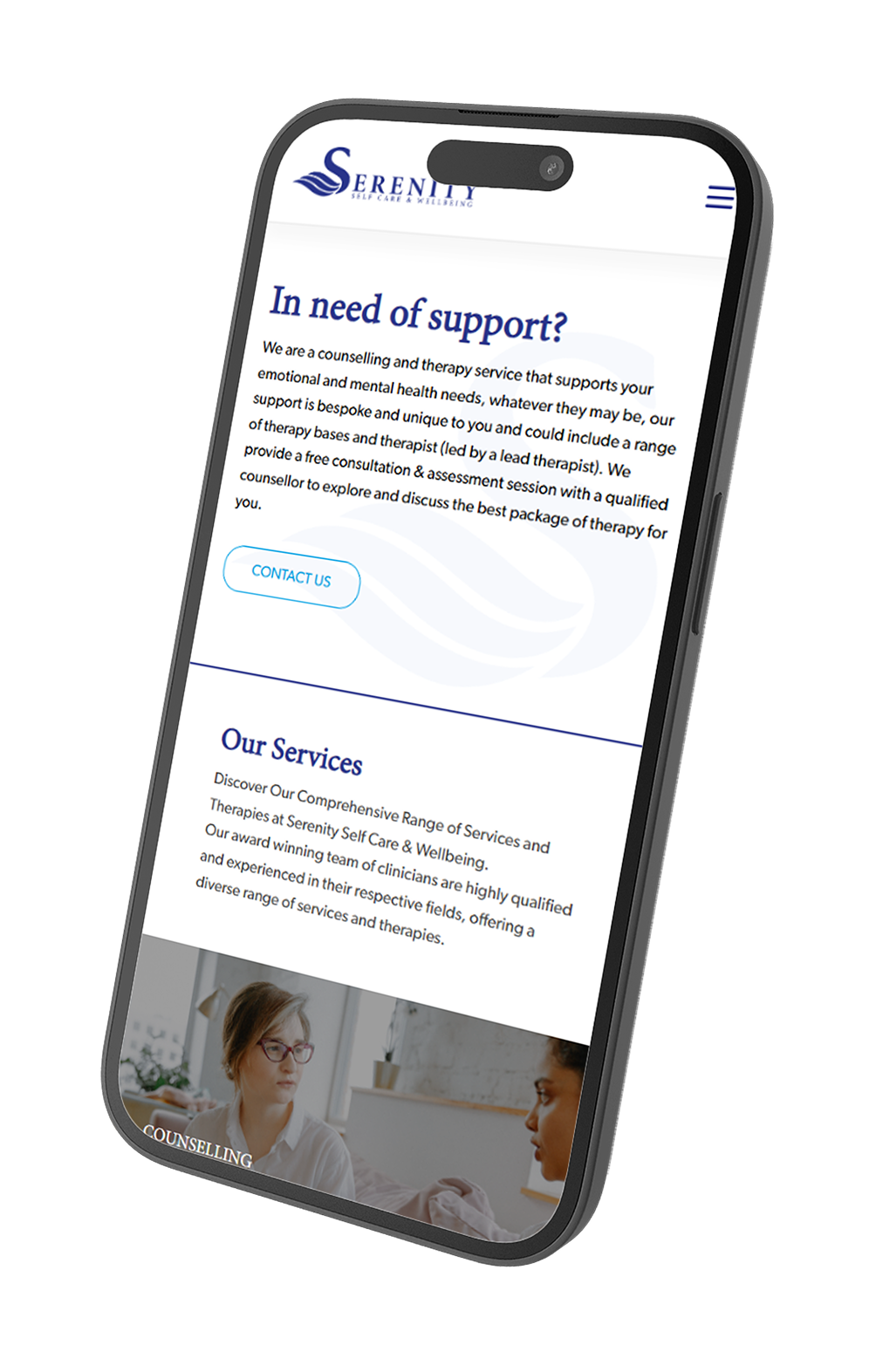 Serenity Self Care & Wellbeing website in phone frame
